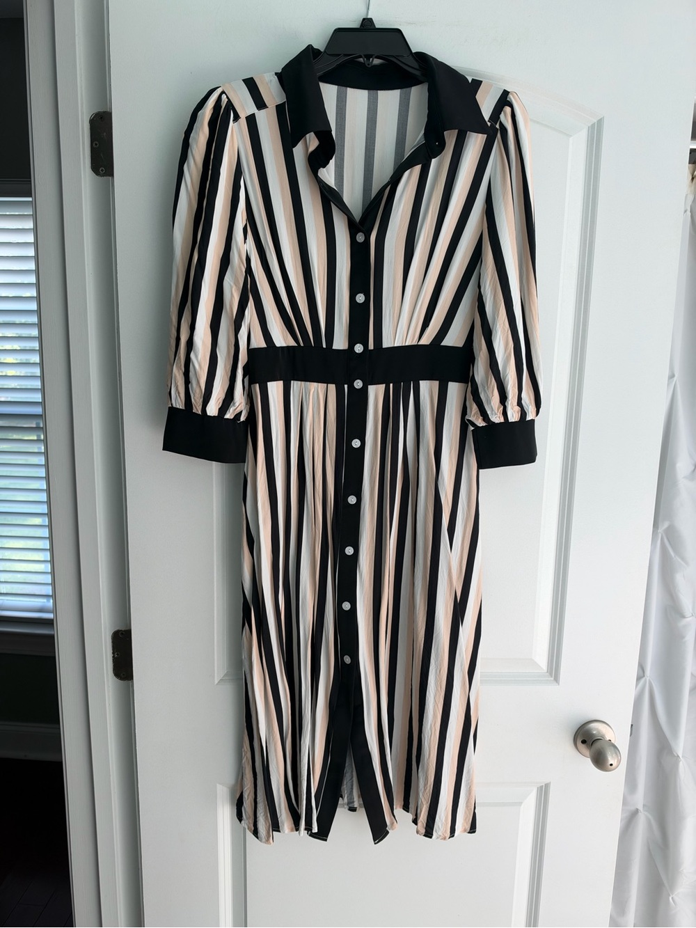 Striped Button-Front Midi Dress in Black and Cream